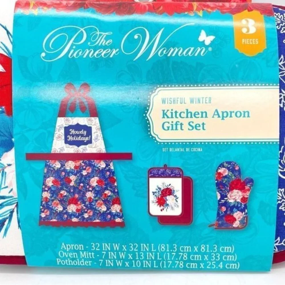 Pioneer Woman Howdy Holiday Kitchen Apron Potholder Mitt Set New